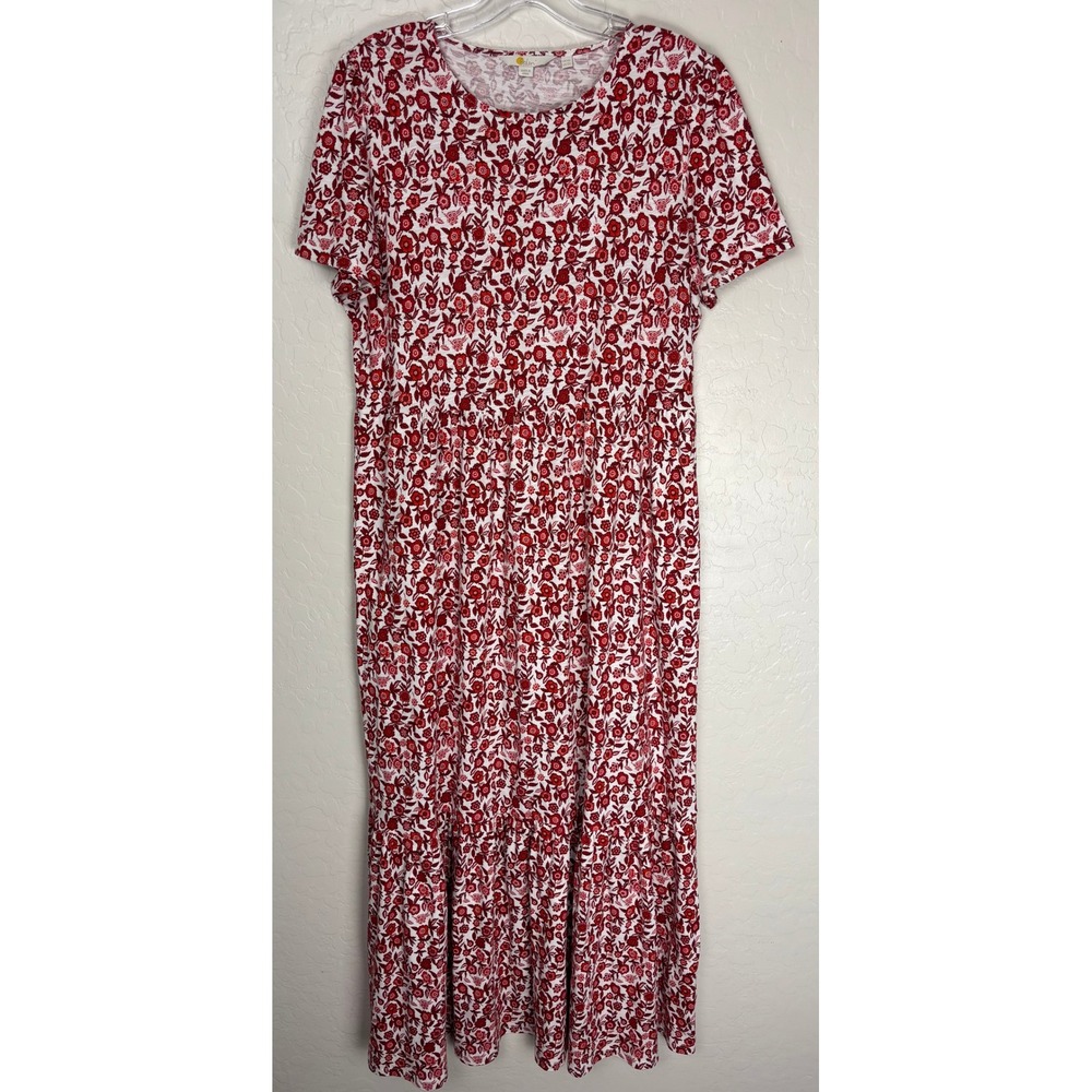 Boden Red White Floral Tiered Maxi Dress Womens US 12L Short Sleeve Pockets 2374